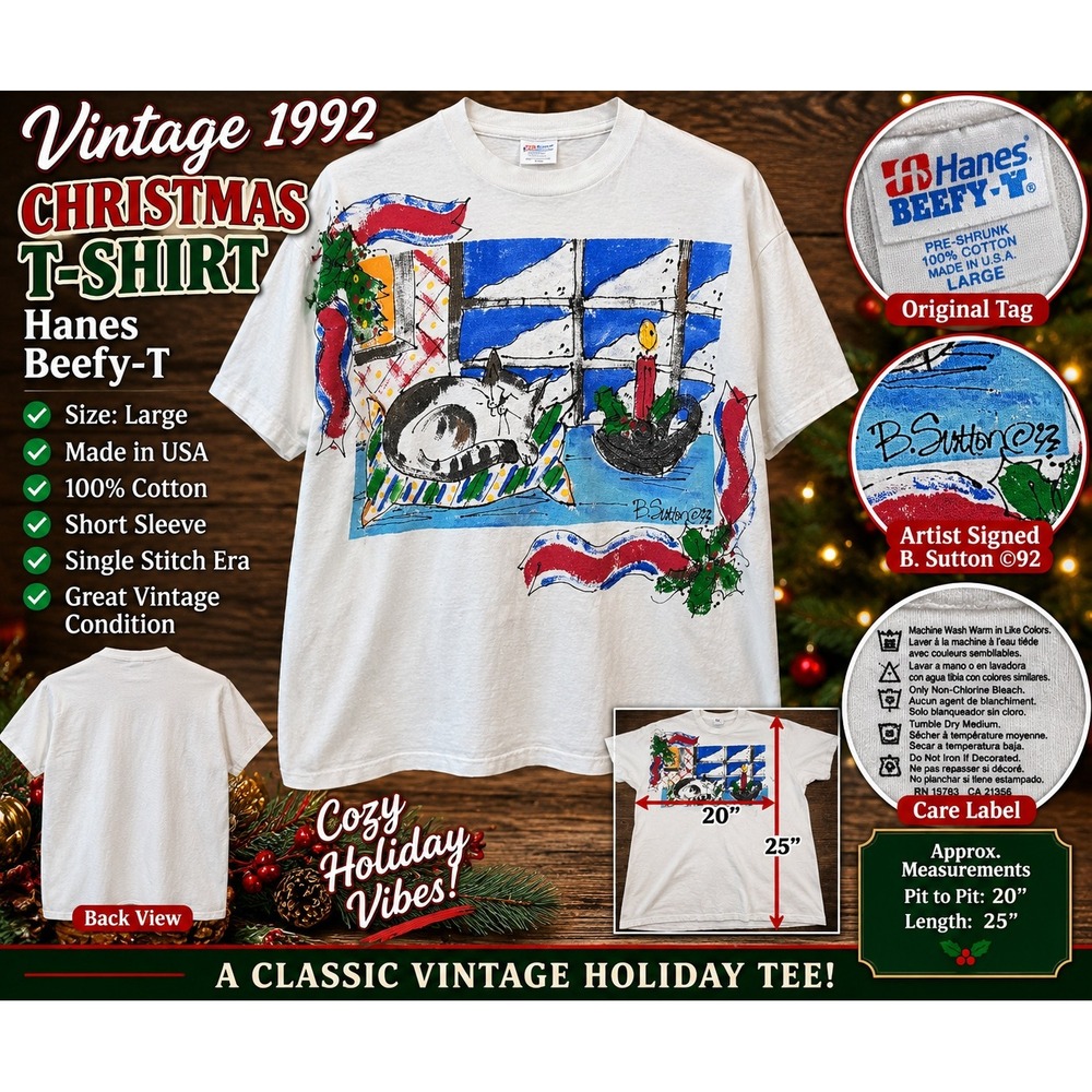 Vintage 1992 Hanes Beefy-T Christmas Cat T-Shirt B Sutton Art White Large USA